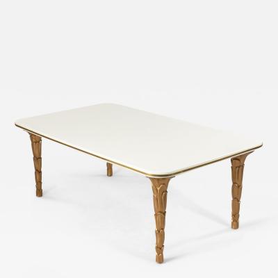 Customizable Regency Style Glass and Brass Palm Shaped Leg Coffee Table