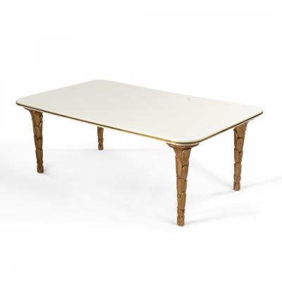 Customizable Regency Style Glass and Brass Palm Shaped Leg Coffee Table