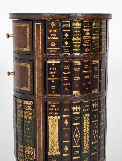 Cylinder Form Leather Faced Side Table with Faux Book Bindings on Drawers