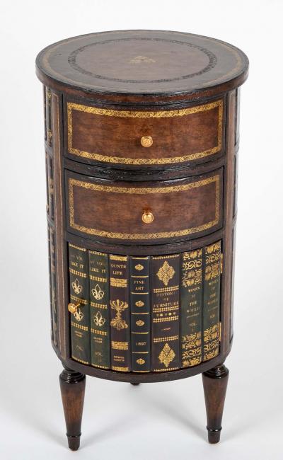 Cylinder Form Leather Faced Side Table with Faux Book Bindings on Drawers