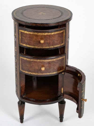 Cylinder Form Leather Faced Side Table with Faux Book Bindings on Drawers