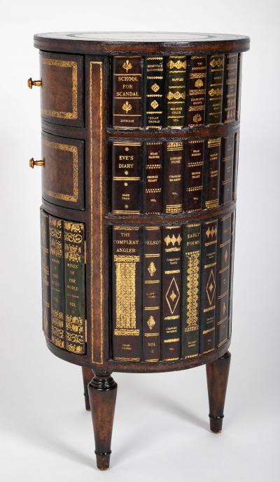 Cylinder Form Leather Faced Side Table with Faux Book Bindings on Drawers
