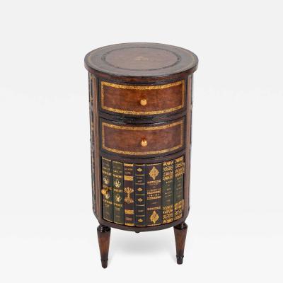 Cylinder Form Leather Faced Side Table with Faux Book Bindings on Drawers