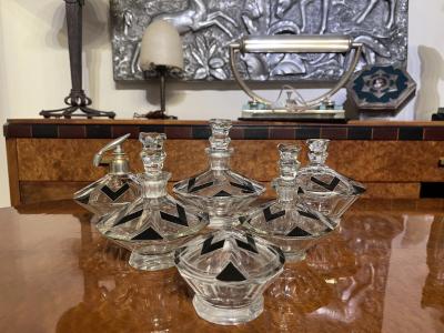 Czech Art Deco Cut Crystal and Black Enamel Vanity Set