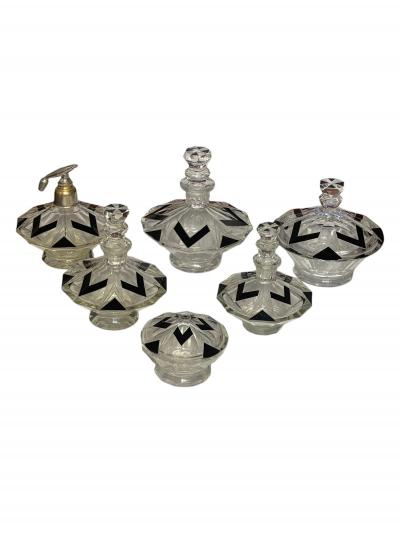 Czech Art Deco Cut Crystal and Black Enamel Vanity Set