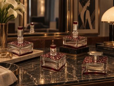 Czech Art Deco Cut Crystal and Ruby Enamel Vanity Set