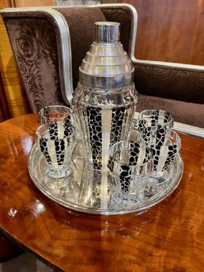 Czech Cocktail Shaker Glasses and Tray in Black Leopard Pattern