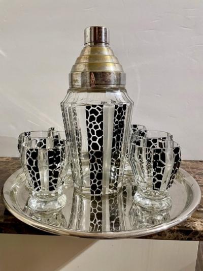 Czech Cocktail Shaker Glasses and Tray in Black Leopard Pattern