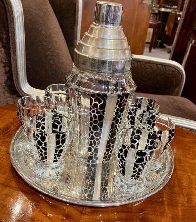 Czech Cocktail Shaker Glasses and Tray in Black Leopard Pattern