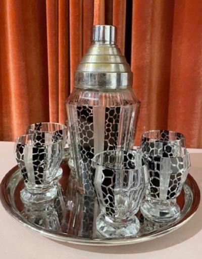 Czech Cocktail Shaker Glasses and Tray in Black Leopard Pattern