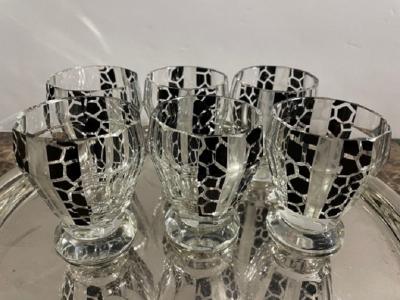 Czech Cocktail Shaker Glasses and Tray in Black Leopard Pattern