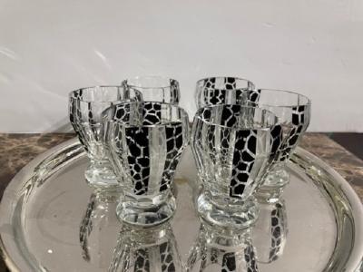 Czech Cocktail Shaker Glasses and Tray in Black Leopard Pattern