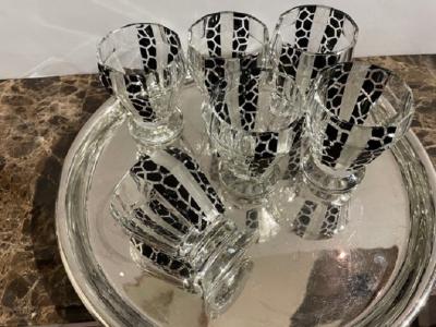 Czech Cocktail Shaker Glasses and Tray in Black Leopard Pattern