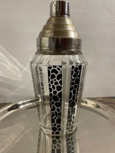 Czech Cocktail Shaker Glasses and Tray in Black Leopard Pattern