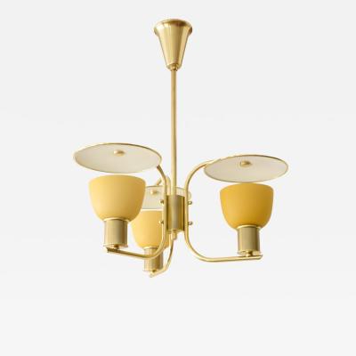 DANISH 3 ARM CHANDELIER WITH AMBER GLASS SHADES AND REFLECTORS 1940S