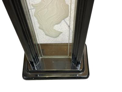 DECO REVIVAL BLACK LACQUER ILLUMINATED ETCHED NUDE ON GLASS PANEL FLOOR LAMP
