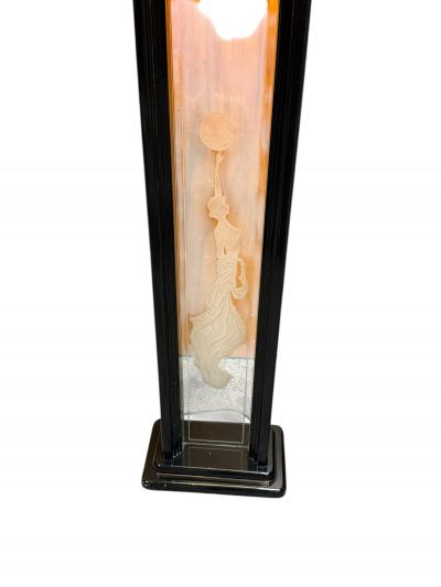DECO REVIVAL BLACK LACQUER ILLUMINATED ETCHED NUDE ON GLASS PANEL FLOOR LAMP