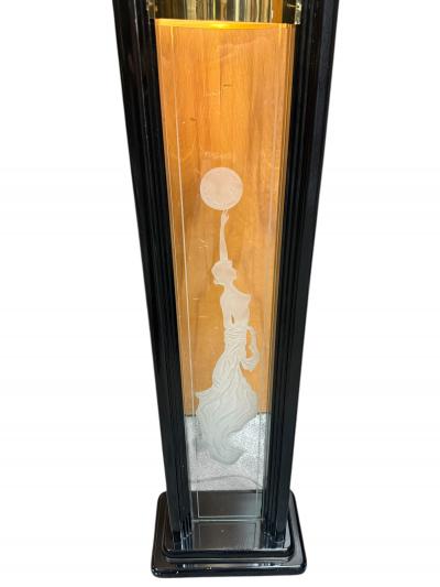 DECO REVIVAL BLACK LACQUER ILLUMINATED ETCHED NUDE ON GLASS PANEL FLOOR LAMP