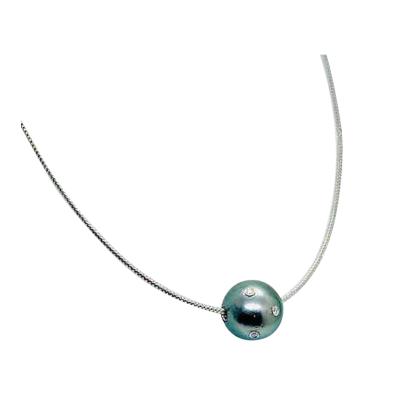 DIAMOND TAHITIAN PEARL PENDANT NECKLACE 14K GOLD ITALY CERTIFIED