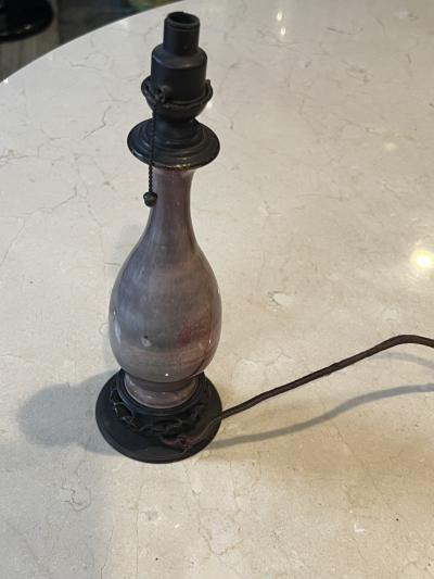 DIMUNITIVE ASIAN POTTERY LAMP WITH WOOD AND BRONZE BASE