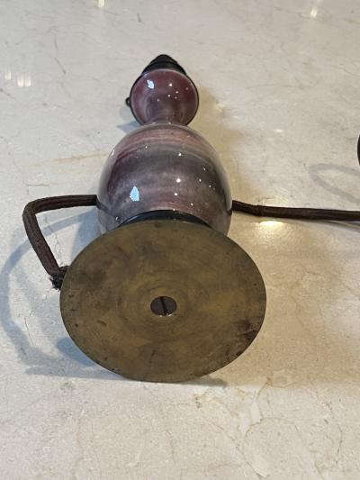 DIMUNITIVE ASIAN POTTERY LAMP WITH WOOD AND BRONZE BASE