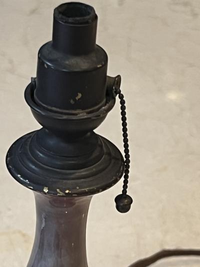 DIMUNITIVE ASIAN POTTERY LAMP WITH WOOD AND BRONZE BASE