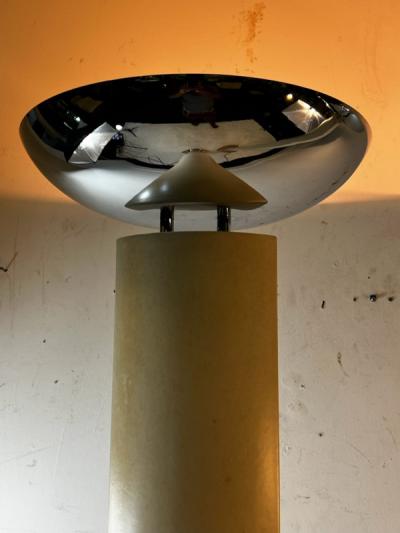 DRAMATIC ITALIAN POST MODERN PAIR OF PARCHMENT AND CHROME TORCHIERES