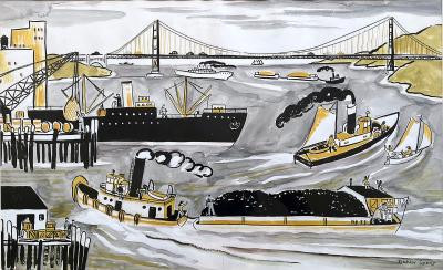 Dahlov Ipcar Harbor Scene Golden Gate Bridge Mid Century Illustration Female Illustrator