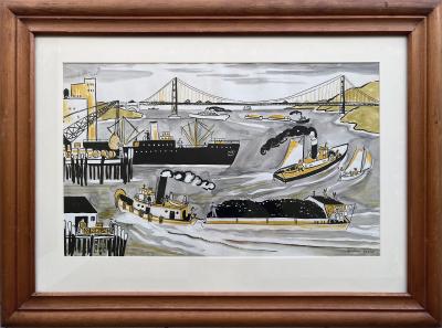 Dahlov Ipcar Harbor Scene Golden Gate Bridge Mid Century Illustration Female Illustrator