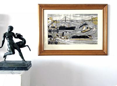 Dahlov Ipcar Harbor Scene Golden Gate Bridge Mid Century Illustration Female Illustrator