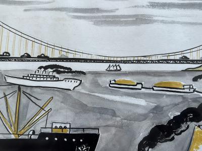 Dahlov Ipcar Harbor Scene Golden Gate Bridge Mid Century Illustration Female Illustrator