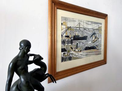 Dahlov Ipcar Harbor Scene Golden Gate Bridge Mid Century Illustration Female Illustrator