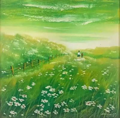 Daisies Green Field Landscape Oil on Panel Painting Signed