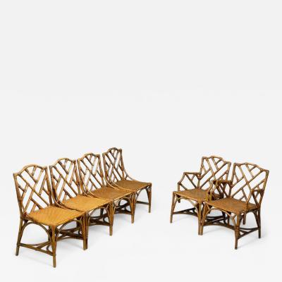 Dal Vera Italian Modern Bamboo Cane Six Dining Chairs Italy 1950s
