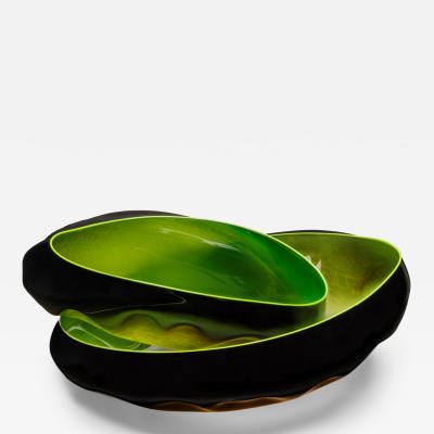 Dale Chihuly Black Basket Set with Olive Lip Wraps 2008