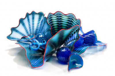Dale Chihuly Niagara Blue Persian Set with Carmine Lip Wraps 2016