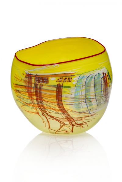 Dale Chihuly Sienna Yellow Soft Cylinder with Ruby Lip Wrap 2014
