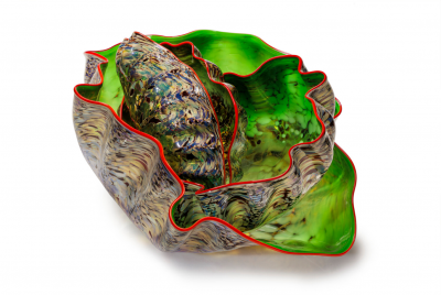 Dale Chihuly Velvet Green Pheasant Macchia Set with Rich Red Lip Wraps 2002