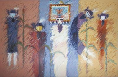 Dan Namingha Corn Maidens and Butterfly Maiden Large Horizontal Painting Yellow Blue Red