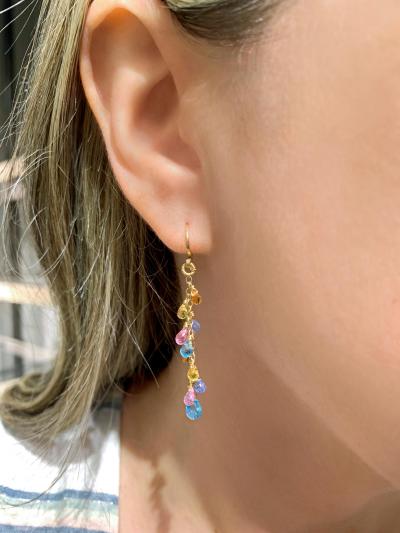 Dana Kellin Pastel Multicolored Sapphire Briolette Drop Gold Dangle Earrings Dana Kellin