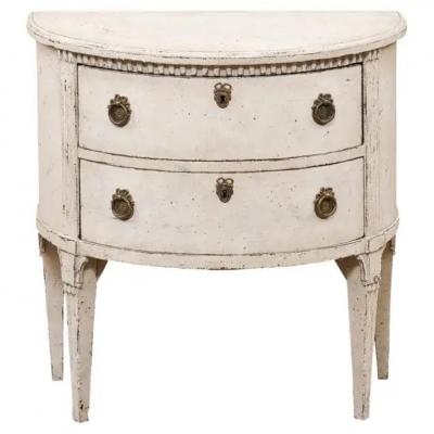 Danish 1790s Louis XVI Period Painted Carved Demilune Two Drawer Chest LiL