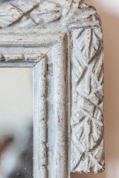 Danish 1800s Gustavian Gray Painted Wood Mirror with Medallion Carved Crest