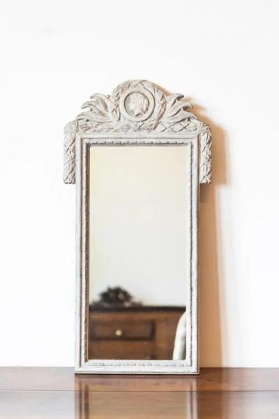 Danish 1800s Gustavian Gray Painted Wood Mirror with Medallion Carved Crest