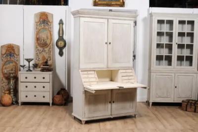 Danish 1810s Beige Gray Painted Two Part Tall Secretary with Slant Front Desk