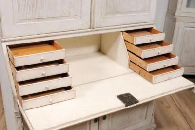 Danish 1810s Beige Gray Painted Two Part Tall Secretary with Slant Front Desk