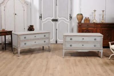 Danish 1820s Light Gray Painted Two Drawer Chests with Semi Columns a Pair