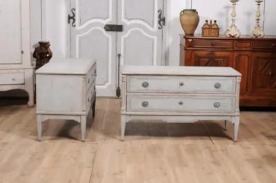Danish 1820s Light Gray Painted Two Drawer Chests with Semi Columns a Pair