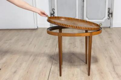 Danish 1900s Walnut Tray Table with Ash Foliage Marquetry and Removable Top
