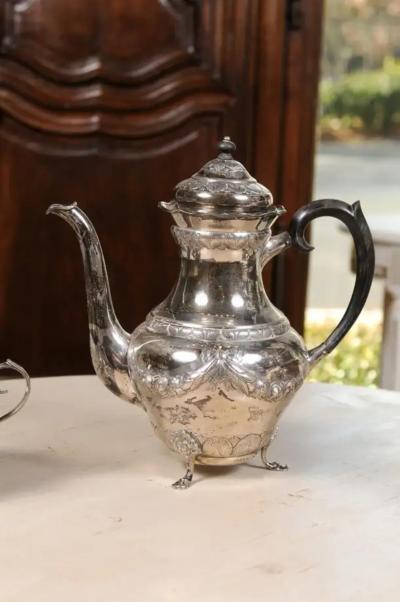 Danish 1930s Johannes Siggaard Three Piece Silver Coffee Set with Ebony Handle