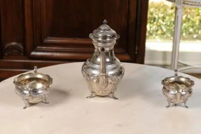 Danish 1930s Johannes Siggaard Three Piece Silver Coffee Set with Ebony Handle